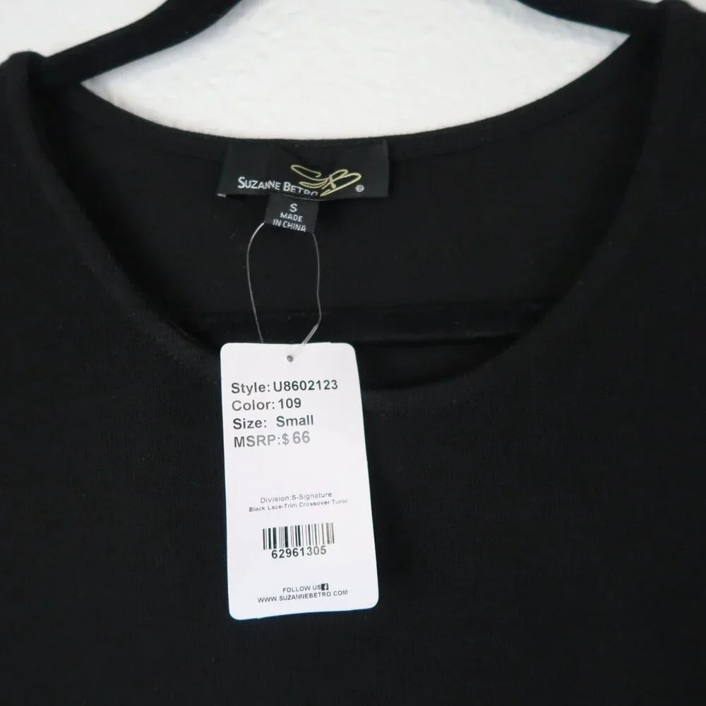 Suzanne Betro Black Lace Trim Crossover Tunic Small MSRP $66 - Picture 2 of 3